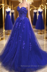 Gorgeous Blue Lace Floral Long Semi Formal Prom Dresses, Blue Appliques Formal Evening Dresses, Blue Ball Gown